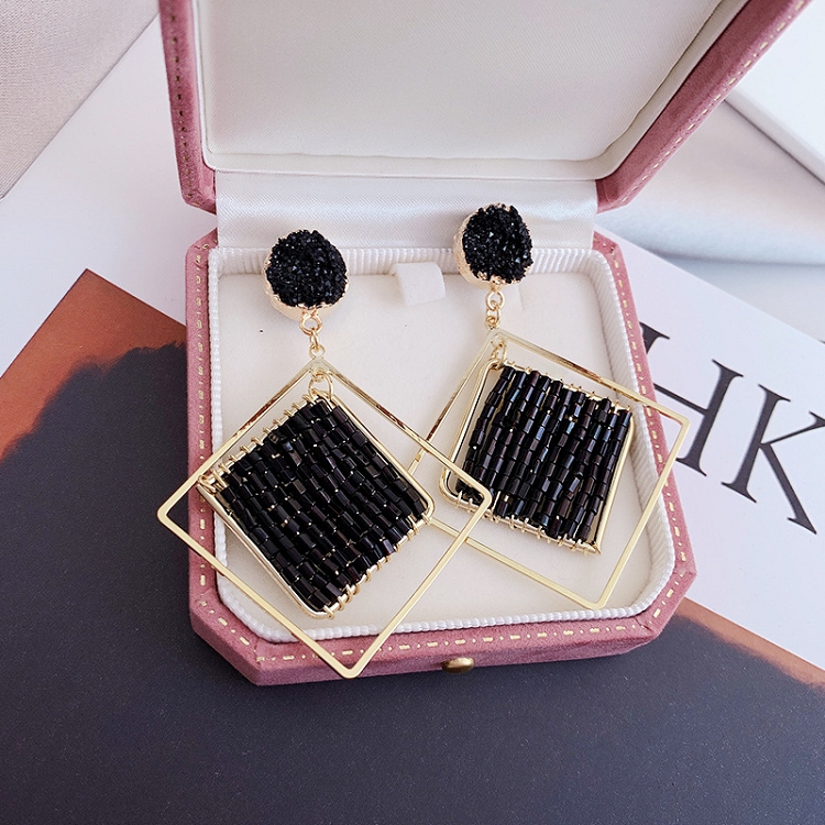 European and American exaggerated temperament black beads big prismatic metal geometry South Korea exaggerated earrings uneven earrings 